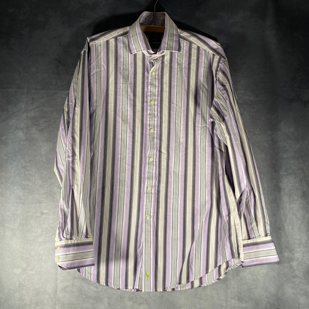 Tailorbyrd Mensβ L Striped Dress Shirt Lavender Grey White Blue Cotton Casual